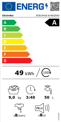 EFI61941B 914932043  ELECTROLUX 9KG/1400SPIN A ENERGY RATED WASHING MACHINE